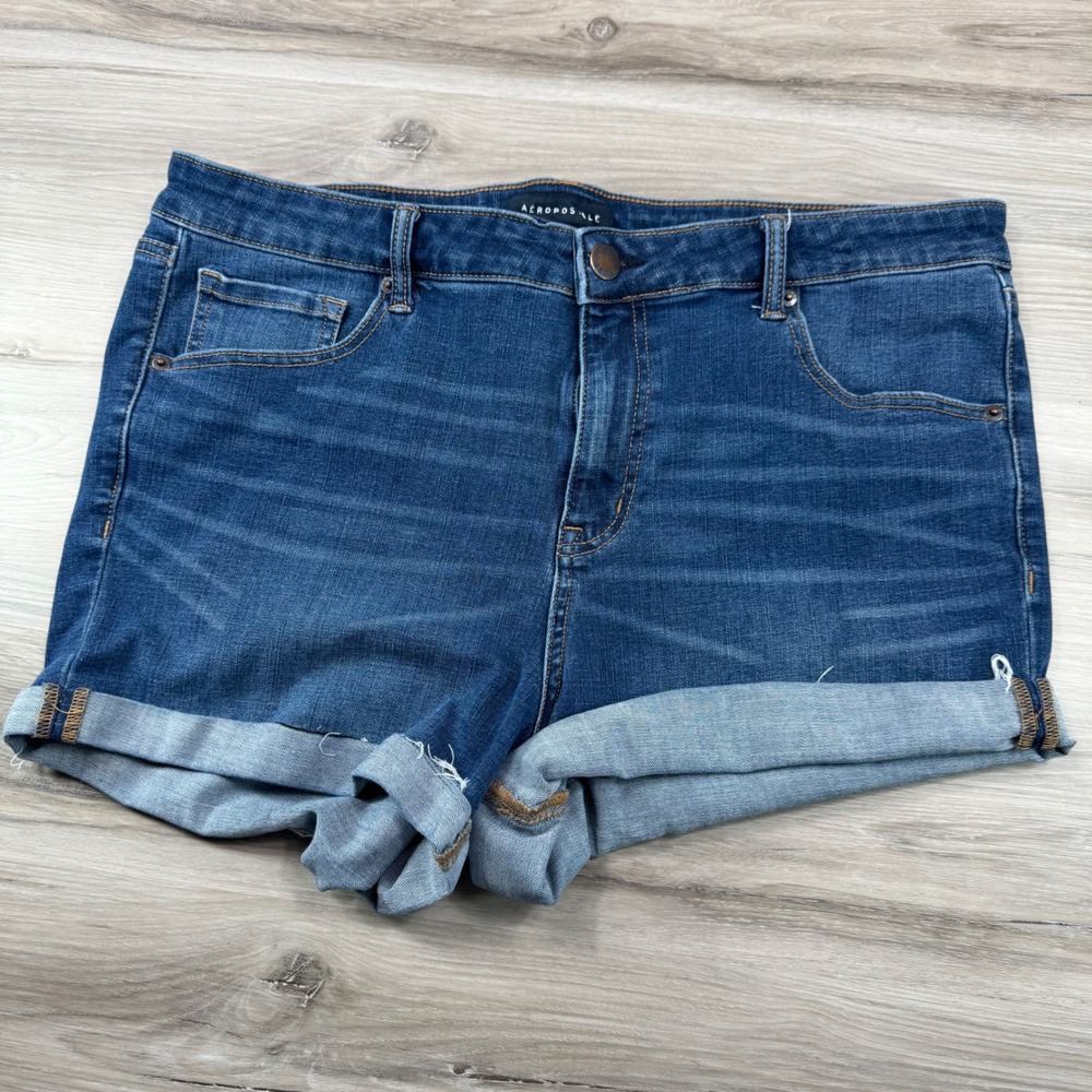 Aeropostale Womens High Rise Midi‎ Denim Shorts Dark Wash Size 18 Stretch Cuffed